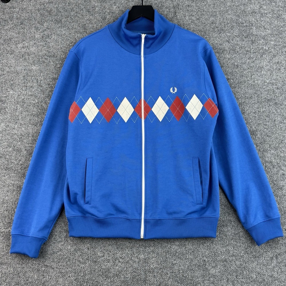 Fred Perry Track Jacket Mens L Blue Argyle Full Zip Portugal Made Mod Retro Y2K
